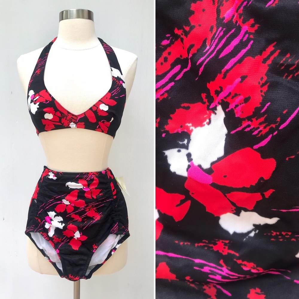 Vintage 60’s Jantzen black floral bikini swimsuit bathingsuit pin up style NWT